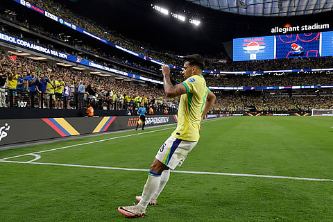 Lucas Paqueta celebrates after scoring Brazil's fourth goal